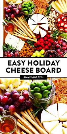 an easy holiday cheese board with olives, grapes and crackers