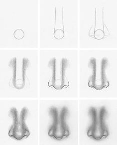 six different stages of drawing the nose and mouth, with one being drawn in pencil