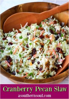 cranberry pecan slaw in a wooden bowl