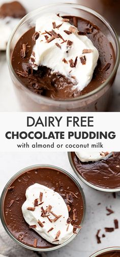 three chocolate puddings with whipped cream on top