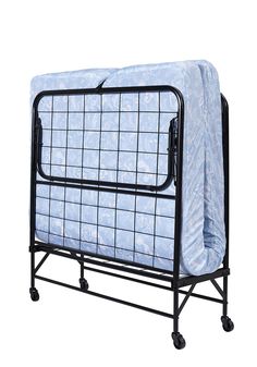 a bed frame with a blue quilt on it's back and black wheels, against a white background