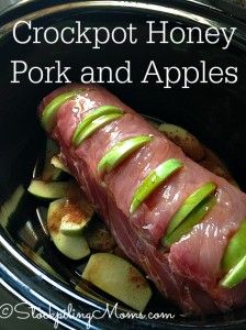 crockpot honey pork and apples in the slow cooker with text overlay