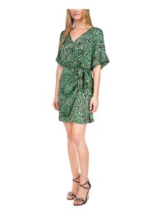 Michael Kors|Style; Dress|Occasion; Casual|Size; XS|Material; Polyester|Color; Green|Surplice Neckline Tie Wrap Dress, Michael Kors Fashion, Dress Occasion, Tie Wrap, Cape Sleeves, Surplice Neckline, Green Tie, Zebra Print, Style Dress