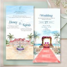 a wedding card with an image of a beach