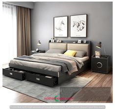 a bedroom with a bed, nightstands and two pictures on the wall above it