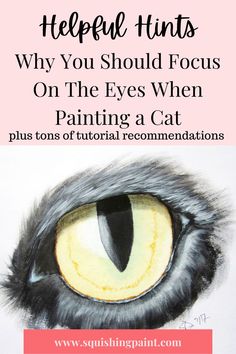 A Painting of a yellow cat's eye (artist: Sara Dorey) surrounded by black fur with a text overlay that reads "Helpful Hints: Why You Should Focus On The Eyes When Painting A Cat - Plus tons of tutorial recommendations" Acrylic Cat Painting, Painting Beginners, Art Notes, Cat Portrait Painting, The Art Sherpa, Painting Fur, Painting Board, Paint Your Pet, Simple Acrylic