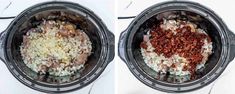 two pictures showing the process of making rice and meat in an instant pressure cooker