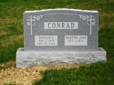 the headstone of donald l and martha jane conrad, who were buried in stone