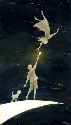 two people are flying in the sky with a dog on a leash and one person is reaching for stars