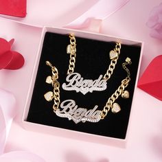 Material: Copper. Color: Gold, White Gold. Necklcae Chain Length: 14",16",18",20",22". Bracelet Chain Length: 5.5",6.5",7.5",8.5". Process: Gold plated. Recipient: Woman, Mom, Wife, Girl Friend, Children, Family. Product Type: Personalized Jewelry. Gift Type: Set. Occasions: Valentine's Day, Mother's Day, Christmas, Birthday, etc. Jewelry Type: Name Necklace, Name Bracelet. Brand: Silviax Jewelry. Item: 2021S0101 Anniversary Name Necklace For Valentine's Day, Valentine's Day Heart Bracelet With Chain, Silver Name Necklace With Chain For Valentine's Day, Valentine's Day Nameplate Necklace With Adjustable Chain, Valentine's Day Double Heart Custom Name Necklace, Valentine's Day Name Necklace With Chain, Valentine's Day Silver Name Necklace With Chain, Valentine's Day Gold Plated Nameplate Necklace, Valentine's Day Yellow Gold Custom Nameplate Necklace