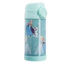 thermos bottle has an image of frozen princesses on it and is blue