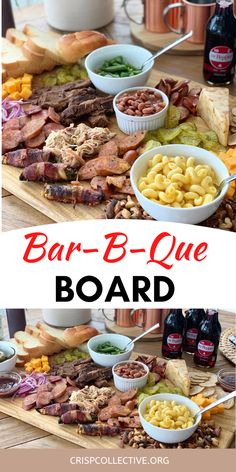 the bar - b - que board is full of meat, cheese and other foods