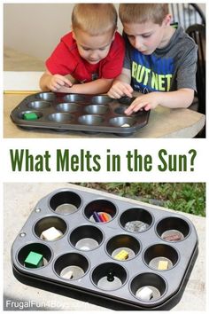 two young boys playing with an open muffin pan and the words what melts in the sun?