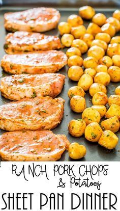 some meat and potatoes on a grill with the words ranch pork chops and potatoes