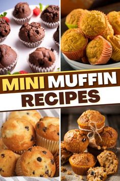 several different pictures of muffins with the words mini muffin recipes above them