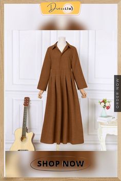 Women Belt Pleated Plain Long Maxi Dress Loose Long Big Swing Dress Plus Size Fall Shift Midi Length Shirt Dress, Long Sleeve Shift Midi Dress For Daywear, Long Sleeve Shift Maxi Dress For Daywear, Casual Long Sleeve Pleated Maxi Dress, Fall A-line Shirt Dress, Brown Long Sleeve Dress With Buttons, Shift Maxi Dress For Fall, Midi Length, Fall A-line Maxi Dress For Office, Brown V-neck Maxi Dress For Work