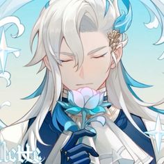 an anime character with long white hair and blue eyes holding a flower in her hand