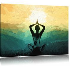 a painting of a woman doing yoga in front of the sun with her hands behind her head