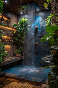 an indoor shower with plants in the corner