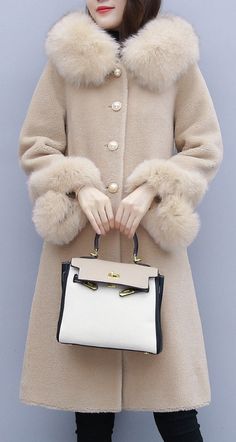 $144.90 - Beautiful beige light brown winter long coat jacket (also for autumn) with fur collar. This cute coat is good for a fashion trendy street style look. For women, teens and ladies. Can be used for casual daily every day wear. #coat Elegant Mink Long Sleeve Outerwear, Elegant Long Sleeve Mink Outerwear, Neutral Long Sleeve Wool Coat For Winter, Chic Beige Fur Coat For Fall, Luxury Cream Fur Coat For Winter, Beige Long Sleeve Wool Coat For Winter, Chic Winter White Fur Coat, Chic Long Sleeve Winter White Fur Coat, Elegant Long Mink Outerwear