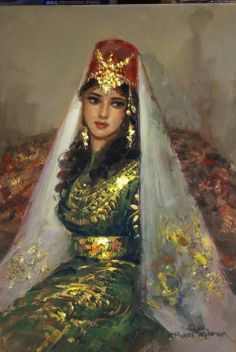 an oil painting of a woman wearing a veil and green dress with gold accents on her head