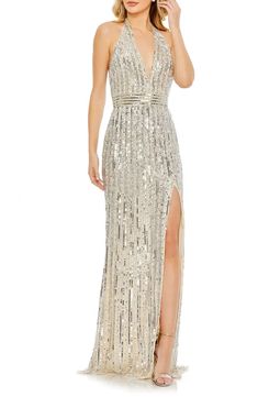 Mac Duggal Sequin Halter Neck Sheath Gown | Nordstrom Fitted Gowns, Sequin Evening Gowns, Sheath Gown, Trumpet Gown, Sleeveless Gown, Column Gown, Sequin Gown, Mac Duggal, A Line Gown