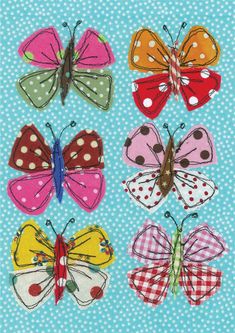 six colorful butterflies with polka dots on blue background