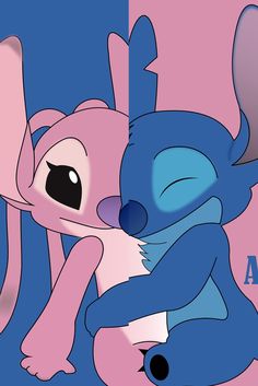 two cartoon characters hugging each other on a blue and pink background