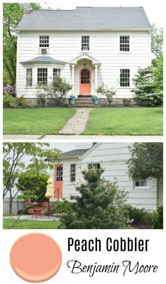 a white house with red door and the words peach cobble beginner above it