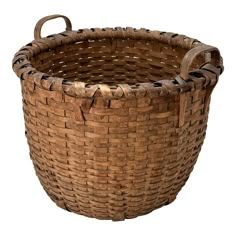 a brown woven basket with handles on a white background