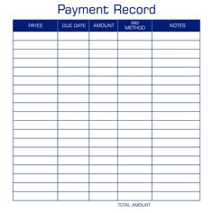 a printable payment record with the words, pay and date in blue on it