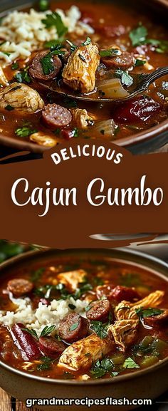 delicious cajun gumbo soup is served in a bowl