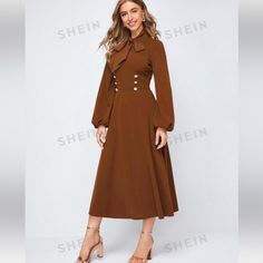 New With Tags Dress Size Xl/12 Bell Long Sleeves Beautiful Skater Style Brown Long Sleeve Dress With Buttons, Brown Long Sleeve Midi Dress With Buttons, Brown Long Sleeve Dress With Button Closure, Dresses Shein, Shein Dress, Shein Dresses, Skater Style, Xl Dress, Brown Gold