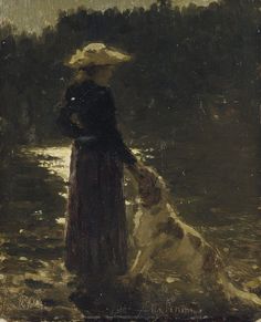 a painting of a woman and her dog in the water