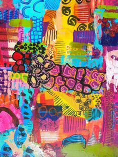 an abstract painting with lots of different colors and patterns on it, including the words happy