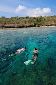 two people are swimming in the ocean