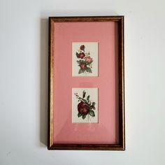 two framed pictures with flowers on them in a gold frame against a white wall background