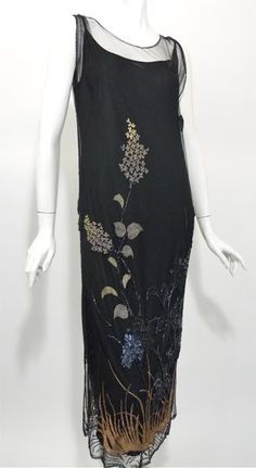 Nouveau black mesh netting 1920s dress with embroidered, sequined and beaded detail Vintage Dresses 20s, 1920s Dress Vintage, 1920s Outfits, 20s Fashion, Vintage Textile