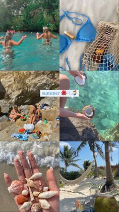 a collage of photos with people in the water and one person holding up his hand