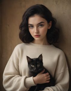 a woman holding a black cat in her arms while wearing a white sweater and blue eyes