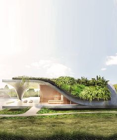 an artistic rendering of a house with grass growing on it's roof and walls