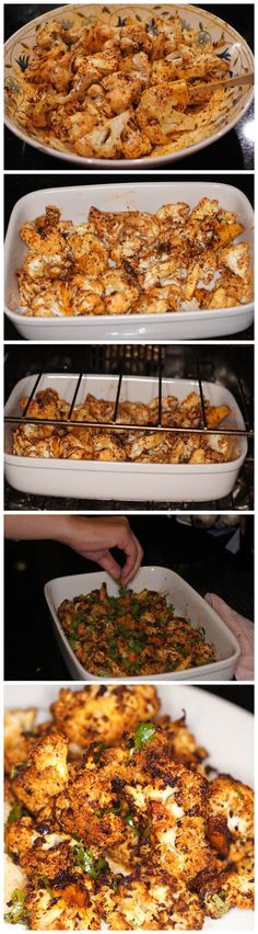 four different views of food being cooked in the oven