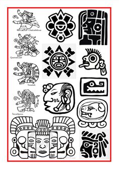 an image of native american art and symbols in black and white on a red border