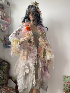 Art to wear bohemian lace jacket in large size bohemian jacket redesigned refashion jacket boho chic wearable art altered couture jacket Boho Wear, Bohemian Jackets, Bohemian Flowers, Repurposed Clothing, Couture Jackets, Altered Couture, Embellished Jacket, Silk Tulle, Lace Jacket