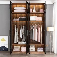 an open closet with clothes and other items