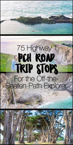 the pacific coast with trees and water in the background text reads, 5 highway road trip stops for the off - the beaten path explorer