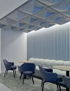 an empty room with several chairs and tables in front of a wall that has vertical blinds on it