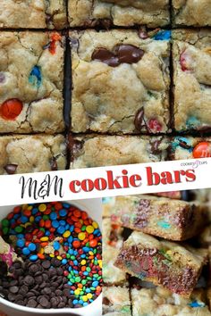 a collage of cookie bars with m & m and chocolate chips in the middle