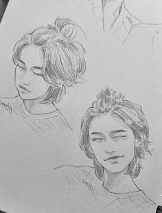 three drawings of people with different hairstyles, one is looking at the camera