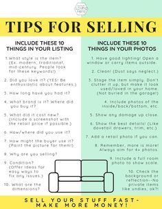 a poster with the words tips for selling and an image of a couch in front of it